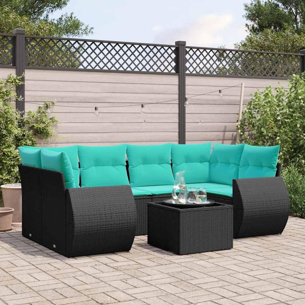 7-teiliges Gartensofa-Set mit Kissen, schwarzes Polyrattan