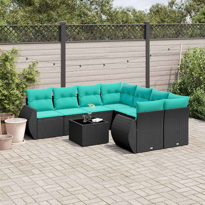 9-teiliges Gartensofa-Set mit Kissen, schwarzes Polyrattan