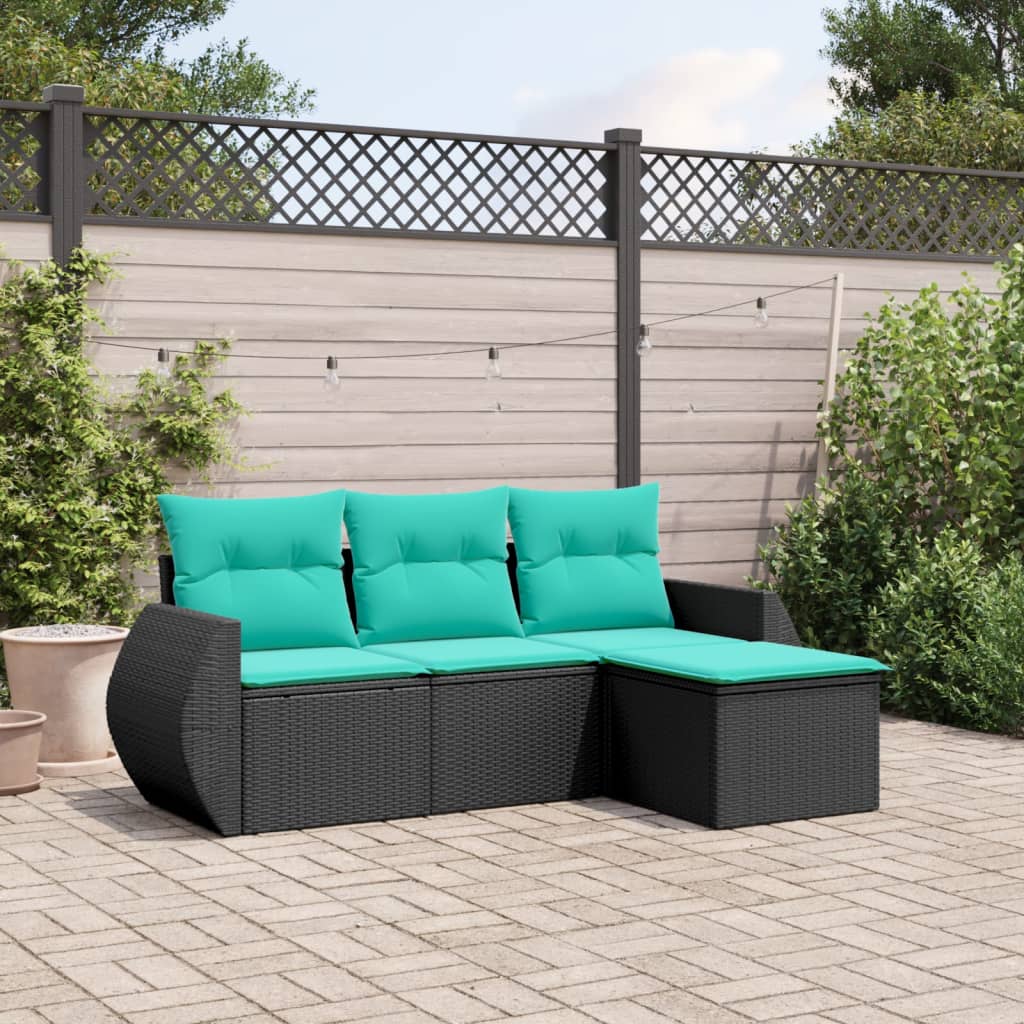 4-teiliges Gartensofa-Set mit Kissen, schwarzes Polyrattan