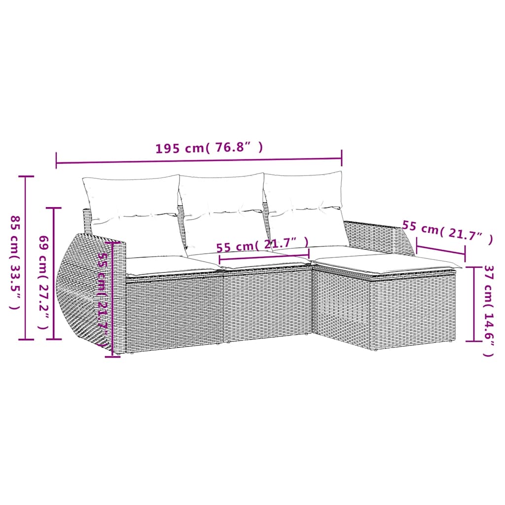 4-teiliges Gartensofa-Set mit Kissen, grau, Polyrattan