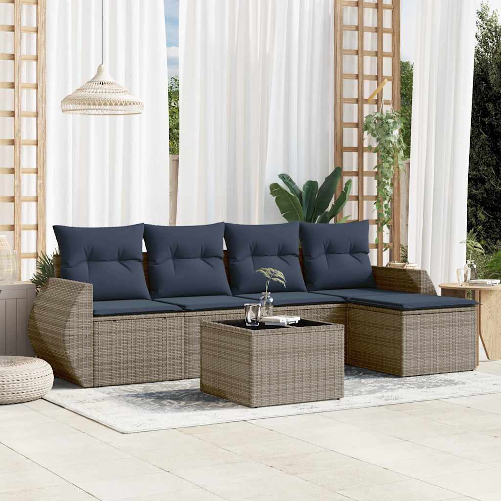 6-teiliges Gartensofa-Set mit Kissen, grau, Polyrattan