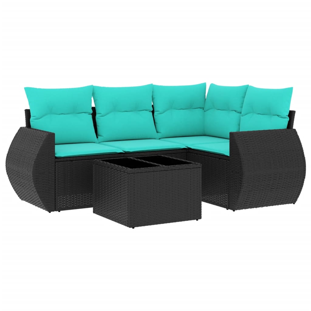 5-teiliges Gartensofa-Set mit Kissen, schwarzes Polyrattan
