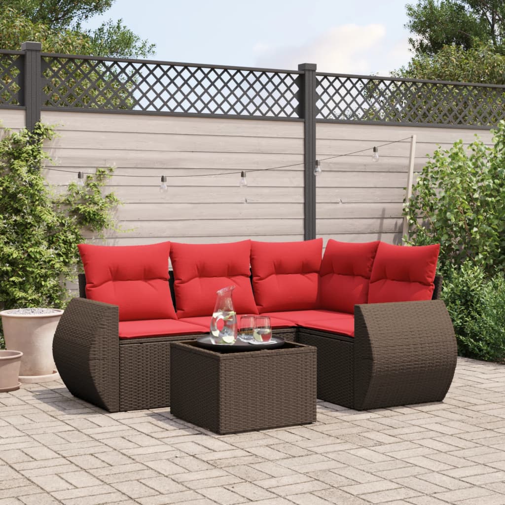 5-teiliges Gartensofa-Set mit Kissen, braun, Polyrattan