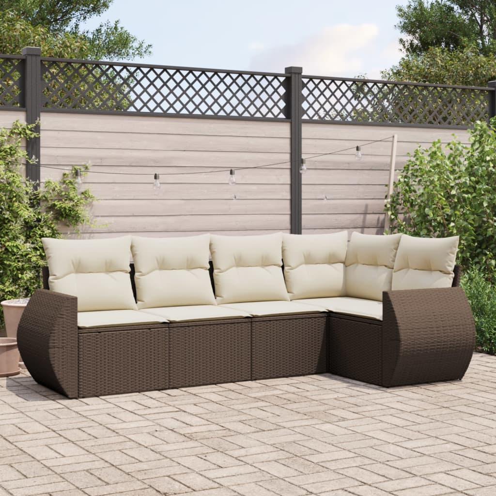 5-tlg. Garten-Sofagarnitur mit Kissen Braun Poly Rattan