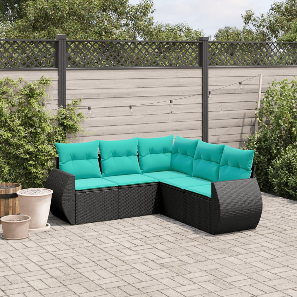 5-teiliges Gartensofa-Set mit Kissen, schwarzes Polyrattan