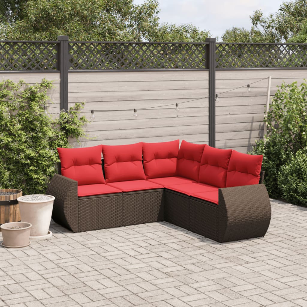 5-teiliges Gartensofa-Set mit Kissen, braun, Polyrattan