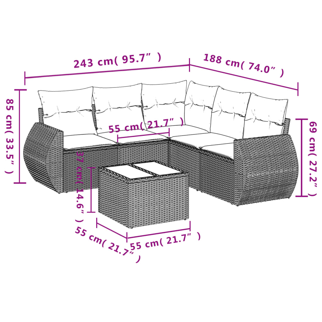 6-teiliges Gartensofa-Set mit Kissen, schwarzes Polyrattan