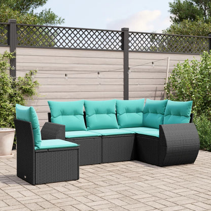 5-teiliges Gartensofa-Set mit Kissen, schwarzes Polyrattan