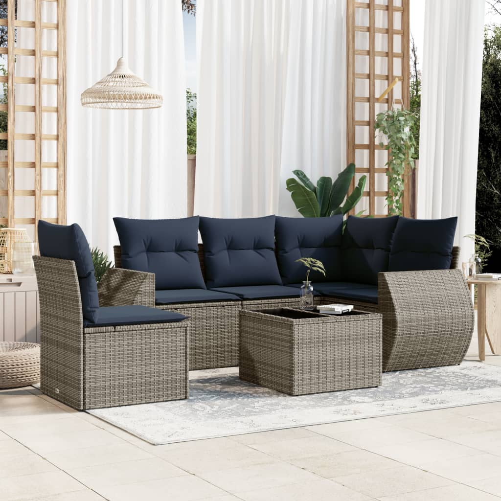 6-teiliges Gartensofa-Set mit Kissen, grau, Polyrattan