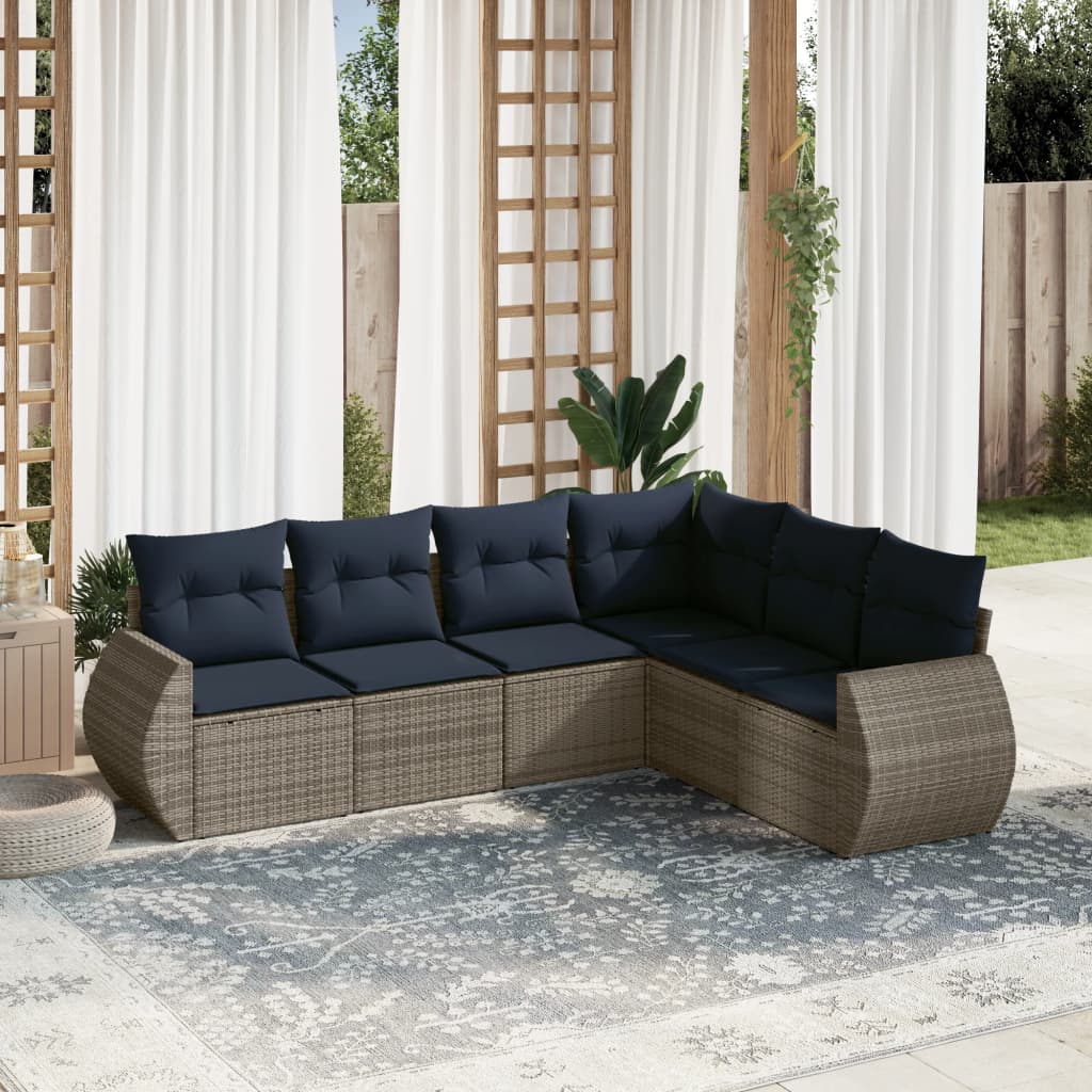 6-teiliges Gartensofa-Set mit Kissen, grau, Polyrattan