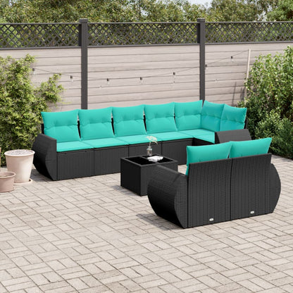 9-teiliges Gartensofa-Set mit Kissen, schwarzes Polyrattan