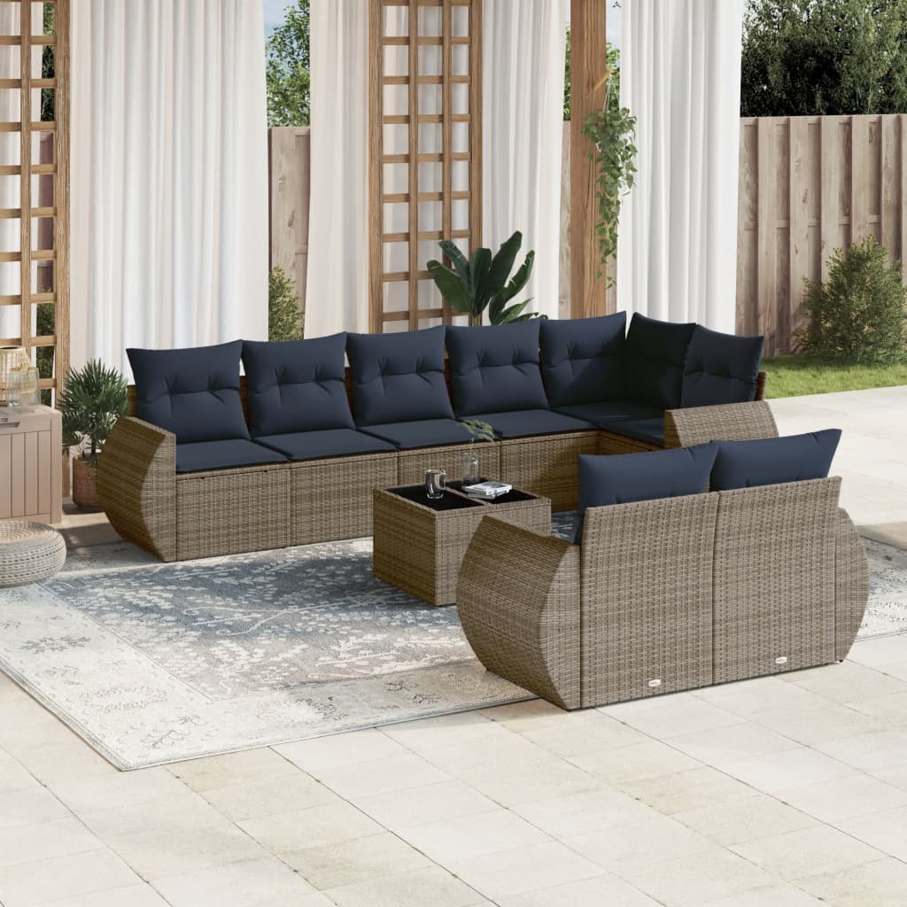9-teiliges Gartensofa-Set mit Kissen, grau, Polyrattan