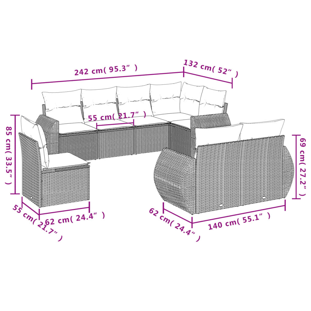 8-teiliges Gartensofa-Set mit Kissen, grau, Polyrattan
