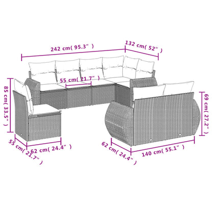 8-teiliges Gartensofa-Set mit Kissen, grau, Polyrattan