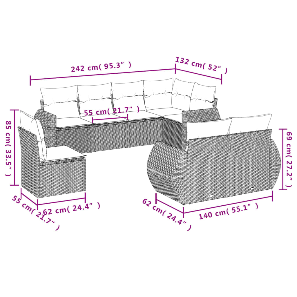8-teiliges Gartensofa-Set mit Kissen, braun, Polyrattan