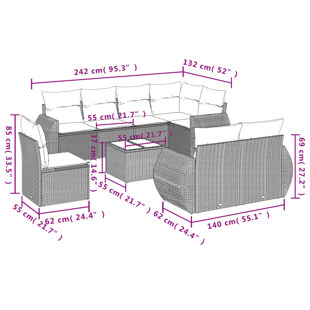9-teiliges Gartensofa-Set mit Kissen, schwarzes Polyrattan