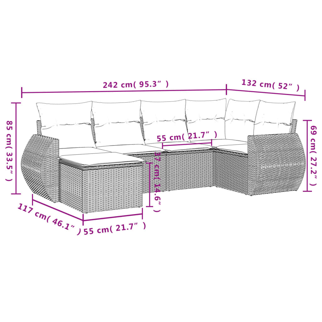 6-teiliges Gartensofa-Set mit Kissen, schwarzes Polyrattan