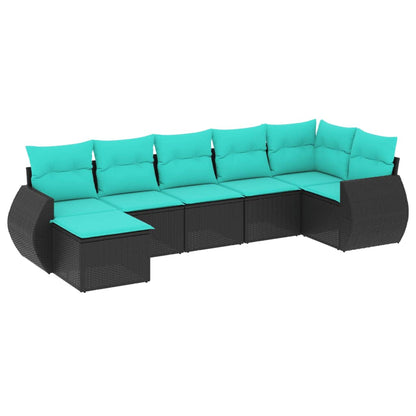 7-teiliges Gartensofa-Set mit Kissen, schwarzes Polyrattan