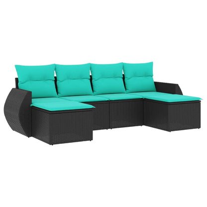 6-teiliges Gartensofa-Set mit Kissen, schwarzes Polyrattan