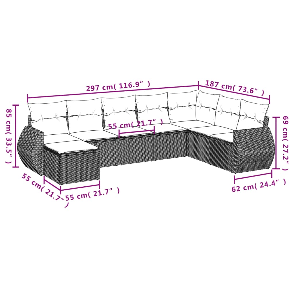 8-teiliges Gartensofa-Set mit Kissen, schwarzes Polyrattan