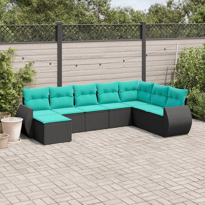 8-teiliges Gartensofa-Set mit Kissen, schwarzes Polyrattan