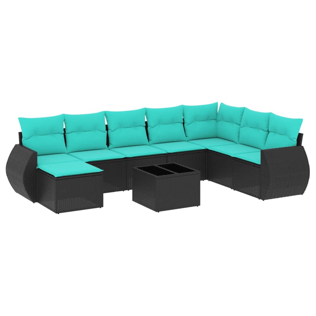 9-teiliges Gartensofa-Set mit Kissen, schwarzes Polyrattan
