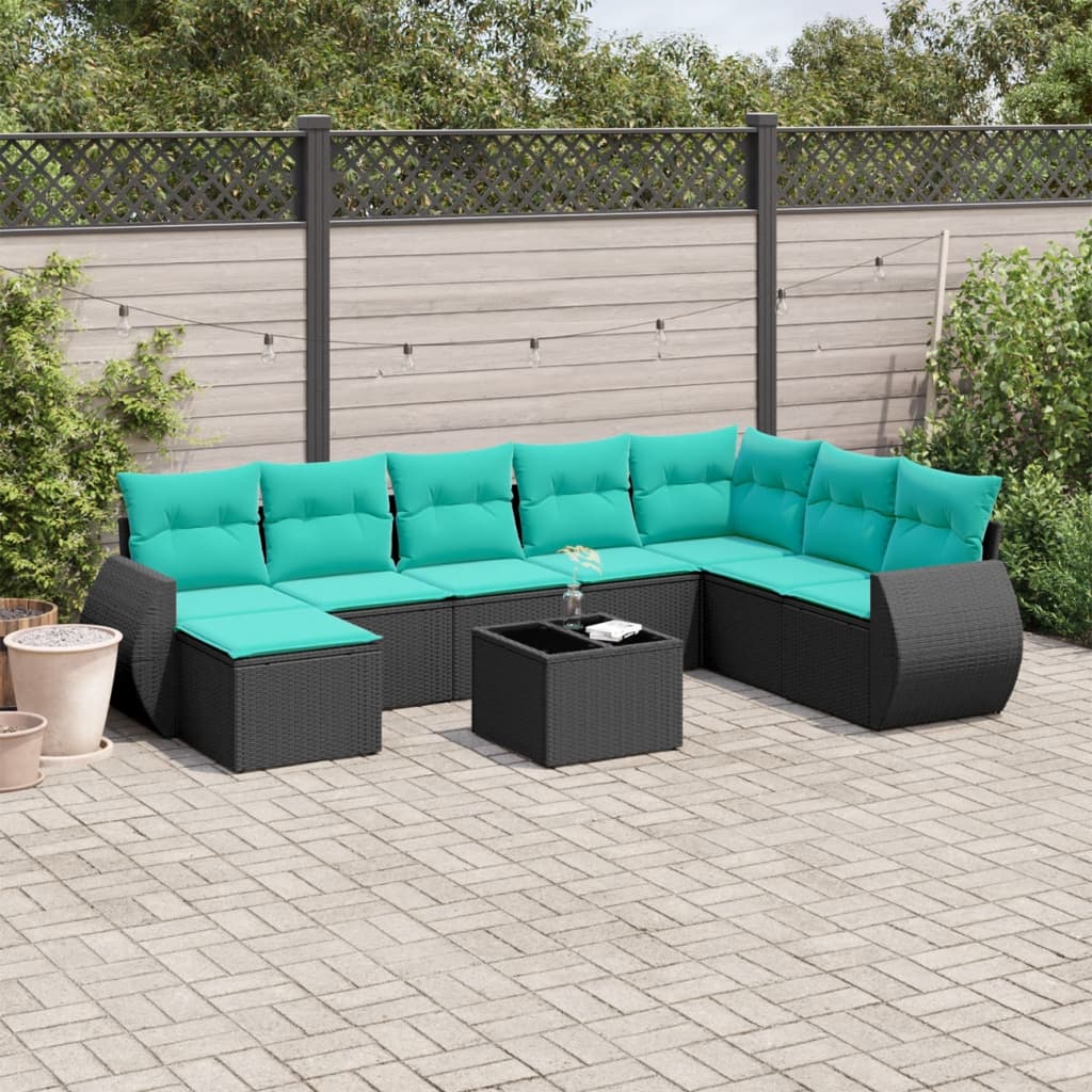 9-teiliges Gartensofa-Set mit Kissen, schwarzes Polyrattan