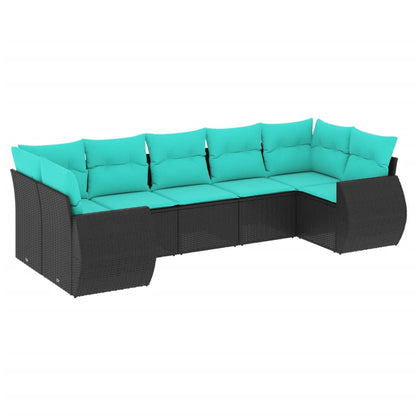 7-teiliges Gartensofa-Set mit Kissen, schwarzes Polyrattan