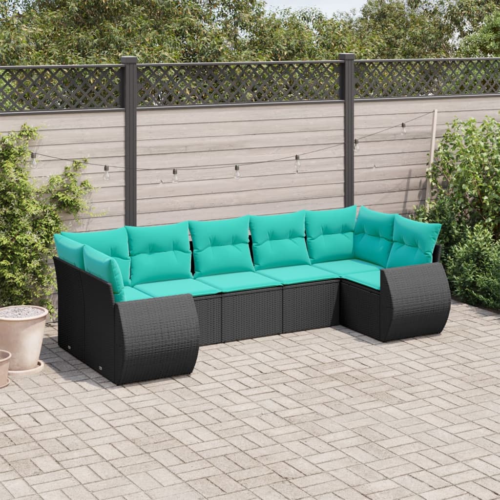 7-teiliges Gartensofa-Set mit Kissen, schwarzes Polyrattan