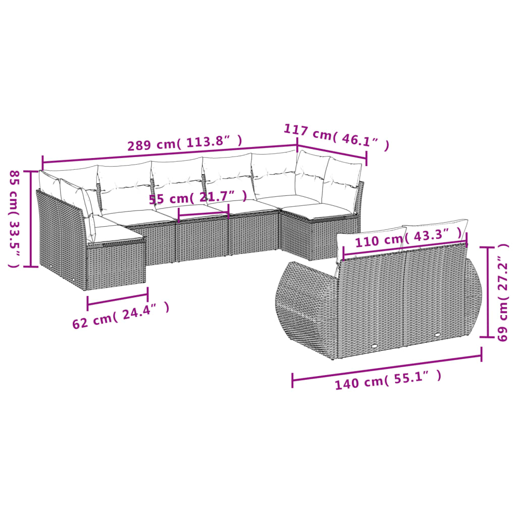 9-teiliges Gartensofa-Set mit Kissen, grau, Polyrattan