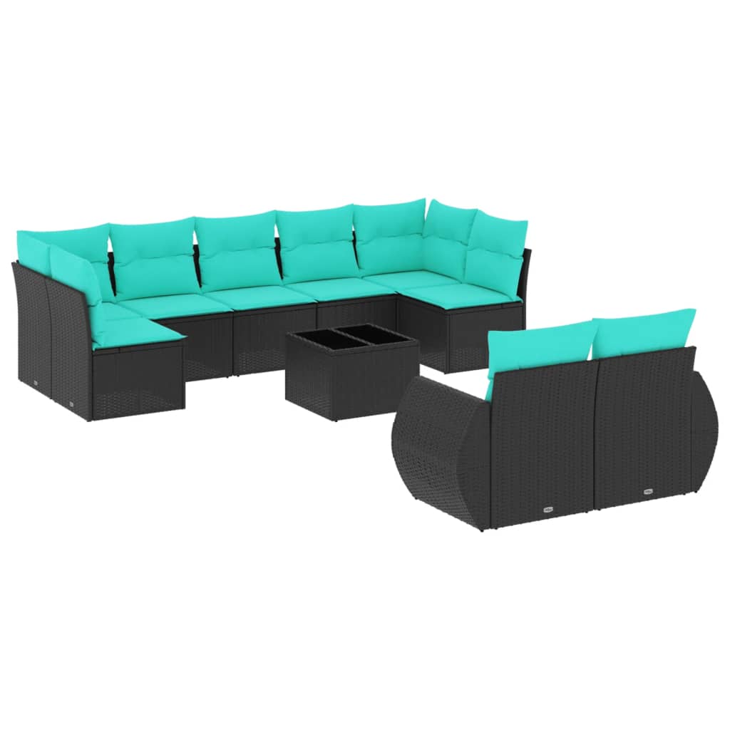 10-teiliges Gartensofa-Set mit Kissen, schwarzes Polyrattan