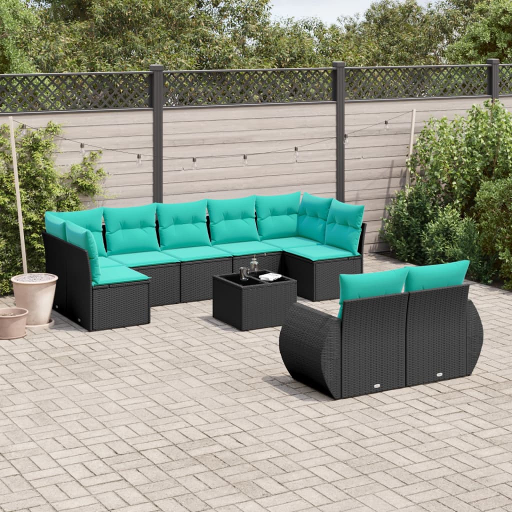 10-teiliges Gartensofa-Set mit Kissen, schwarzes Polyrattan