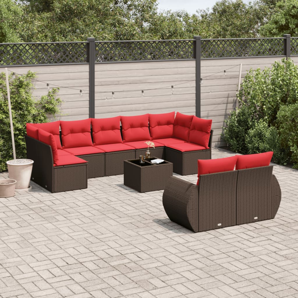 10-teiliges Gartensofa-Set mit Kissen, braun, Polyrattan