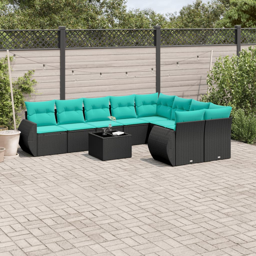 10-teiliges Gartensofa-Set mit Kissen, schwarzes Polyrattan