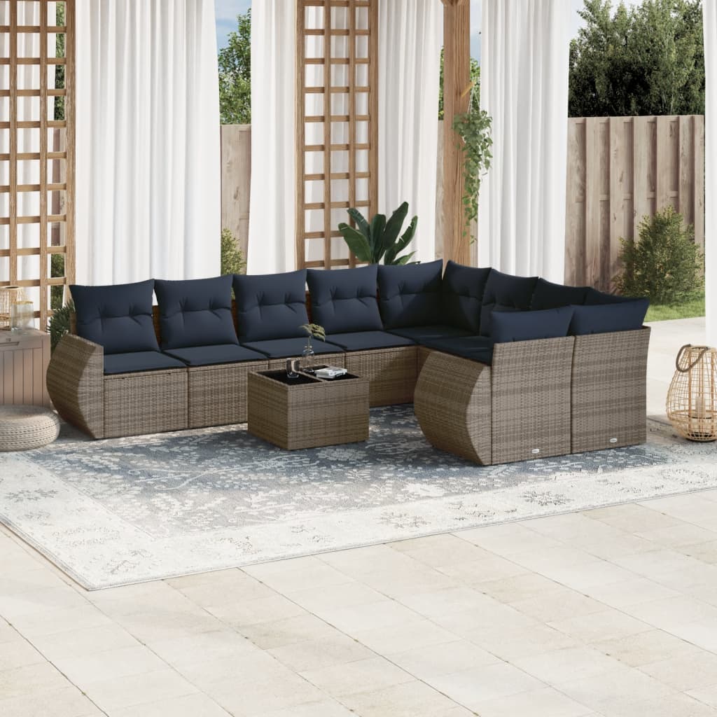 10-teiliges Gartensofa-Set mit Kissen, grau, Polyrattan