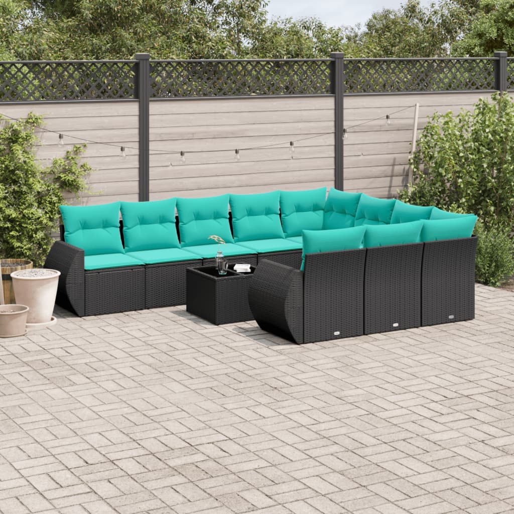 11-teiliges Gartensofa-Set mit Kissen, schwarzes Polyrattan