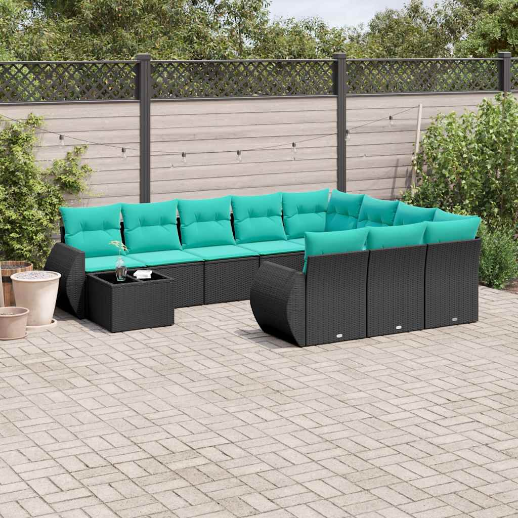 11-teiliges Gartensofa-Set mit Kissen, schwarzes Polyrattan