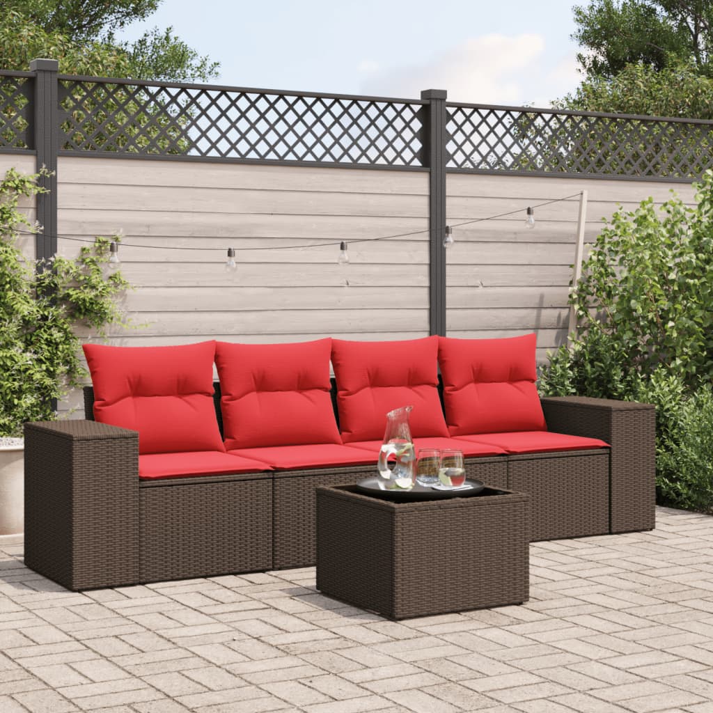 5-teiliges Gartensofa-Set mit Kissen, braun, Polyrattan