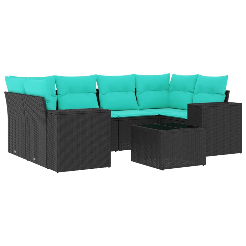 7-teiliges Gartensofa-Set mit Kissen, schwarzes Polyrattan
