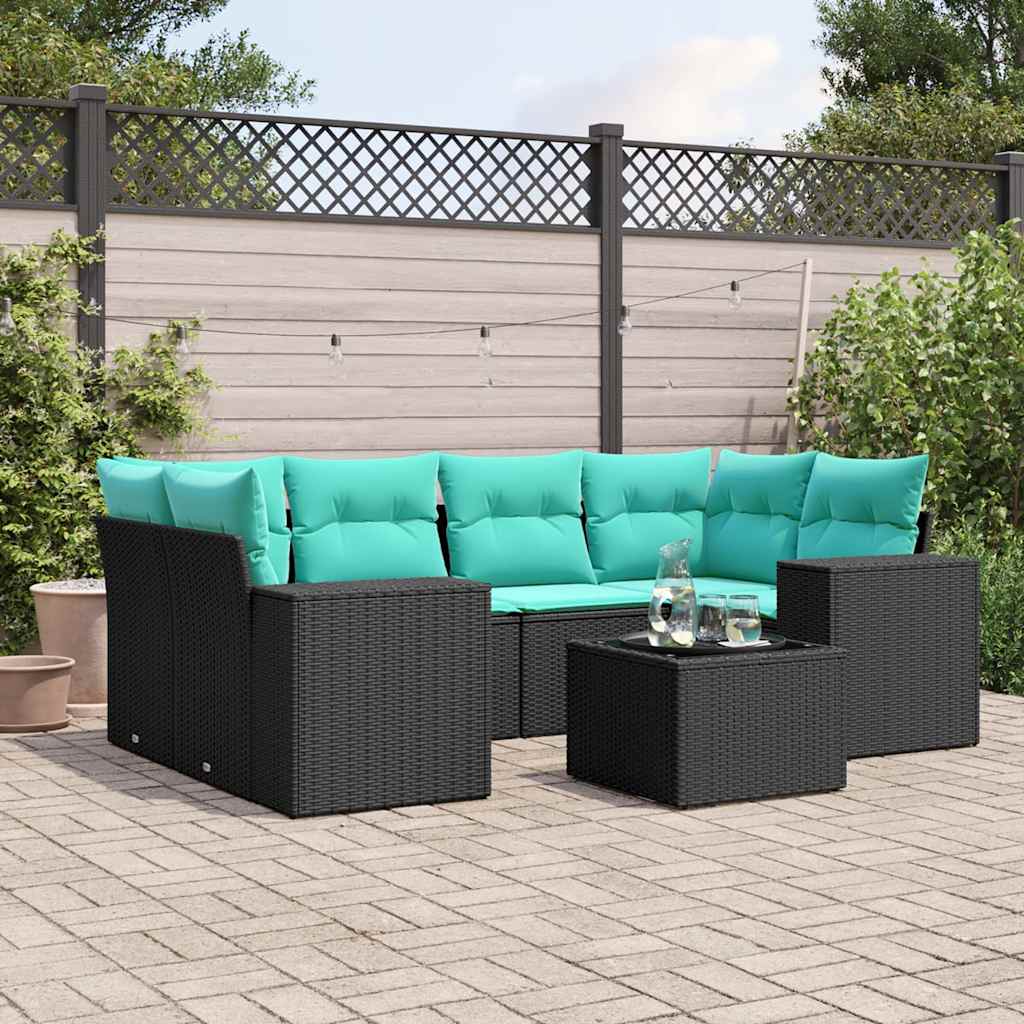 7-teiliges Gartensofa-Set mit Kissen, schwarzes Polyrattan