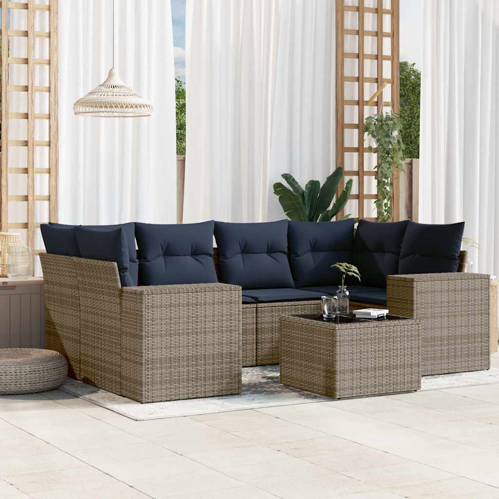 7-teiliges Gartensofa-Set mit Kissen, grau, Polyrattan