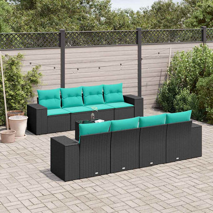 9-teiliges Gartensofa-Set mit Kissen, schwarzes Polyrattan