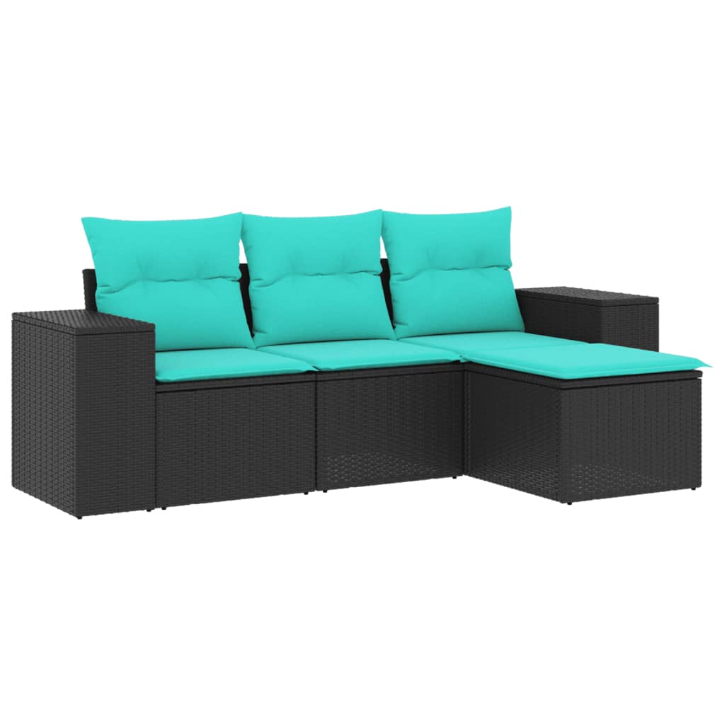 4-teiliges Gartensofa-Set mit Kissen, schwarzes Polyrattan