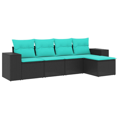 5-teiliges Gartensofa-Set mit Kissen, schwarzes Polyrattan