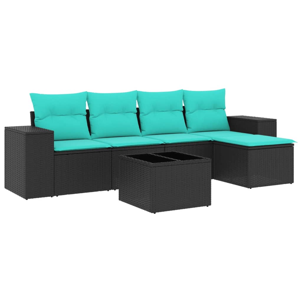 6-teiliges Gartensofa-Set mit Kissen, schwarzes Polyrattan