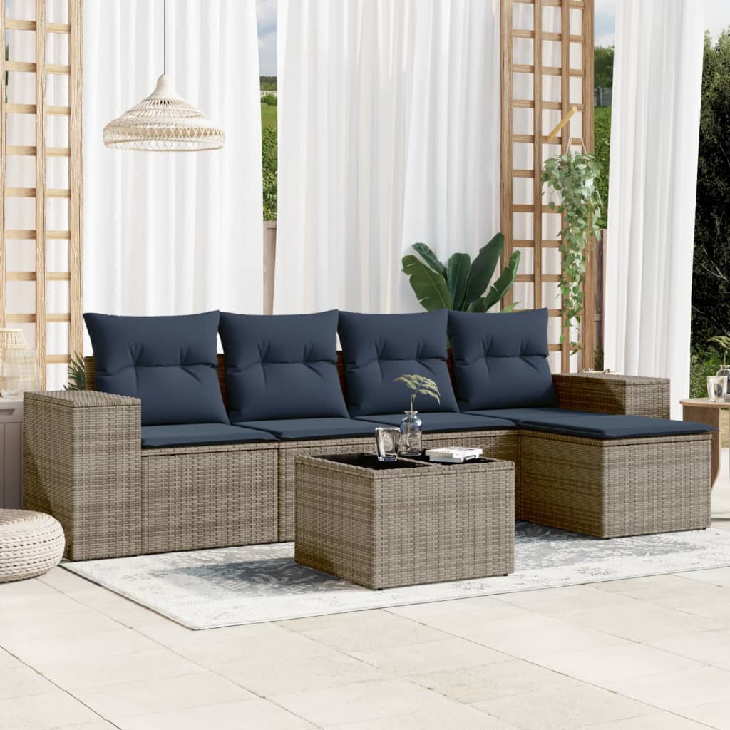 6-teiliges Gartensofa-Set mit Kissen, grau, Polyrattan