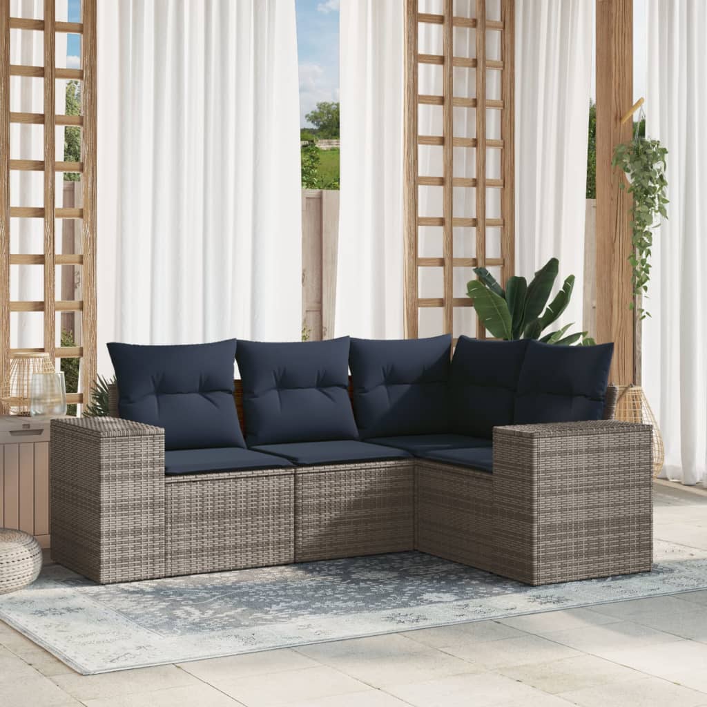 4-teiliges Gartensofa-Set mit Kissen, grau, Polyrattan