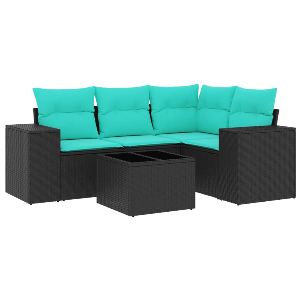 5-teiliges Gartensofa-Set mit Kissen, schwarzes Polyrattan