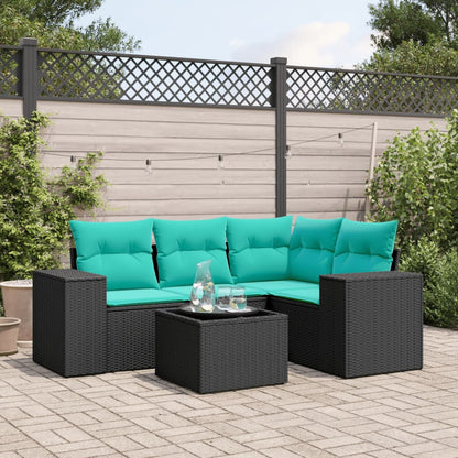 5-teiliges Gartensofa-Set mit Kissen, schwarzes Polyrattan