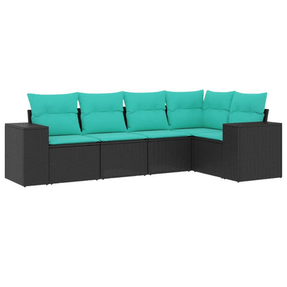 5-teiliges Gartensofa-Set mit Kissen, schwarzes Polyrattan